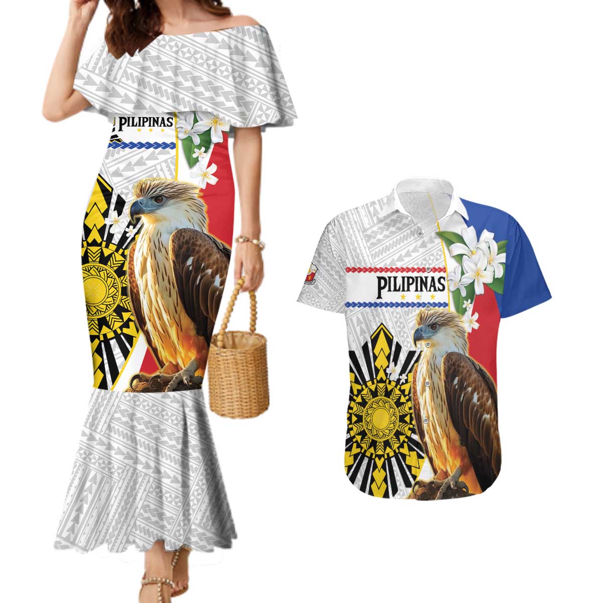 Personalised Philippines Eagle Couples Matching Mermaid Dress and Hawaiian Shirt Filipino Sun Mix Sampaguita Flower
