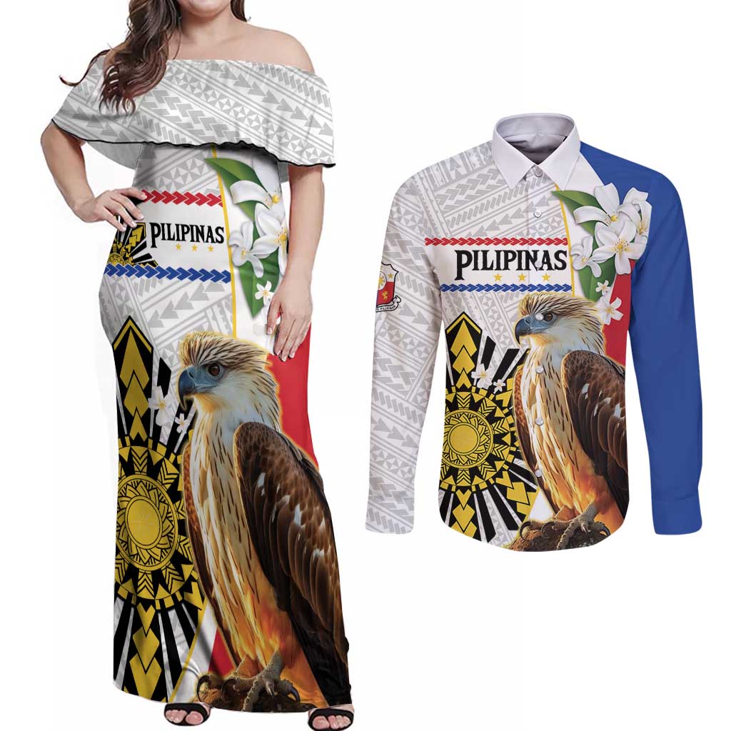 Personalised Philippines Eagle Couples Matching Off Shoulder Maxi Dress and Long Sleeve Button Shirt Filipino Sun Mix Sampaguita Flower