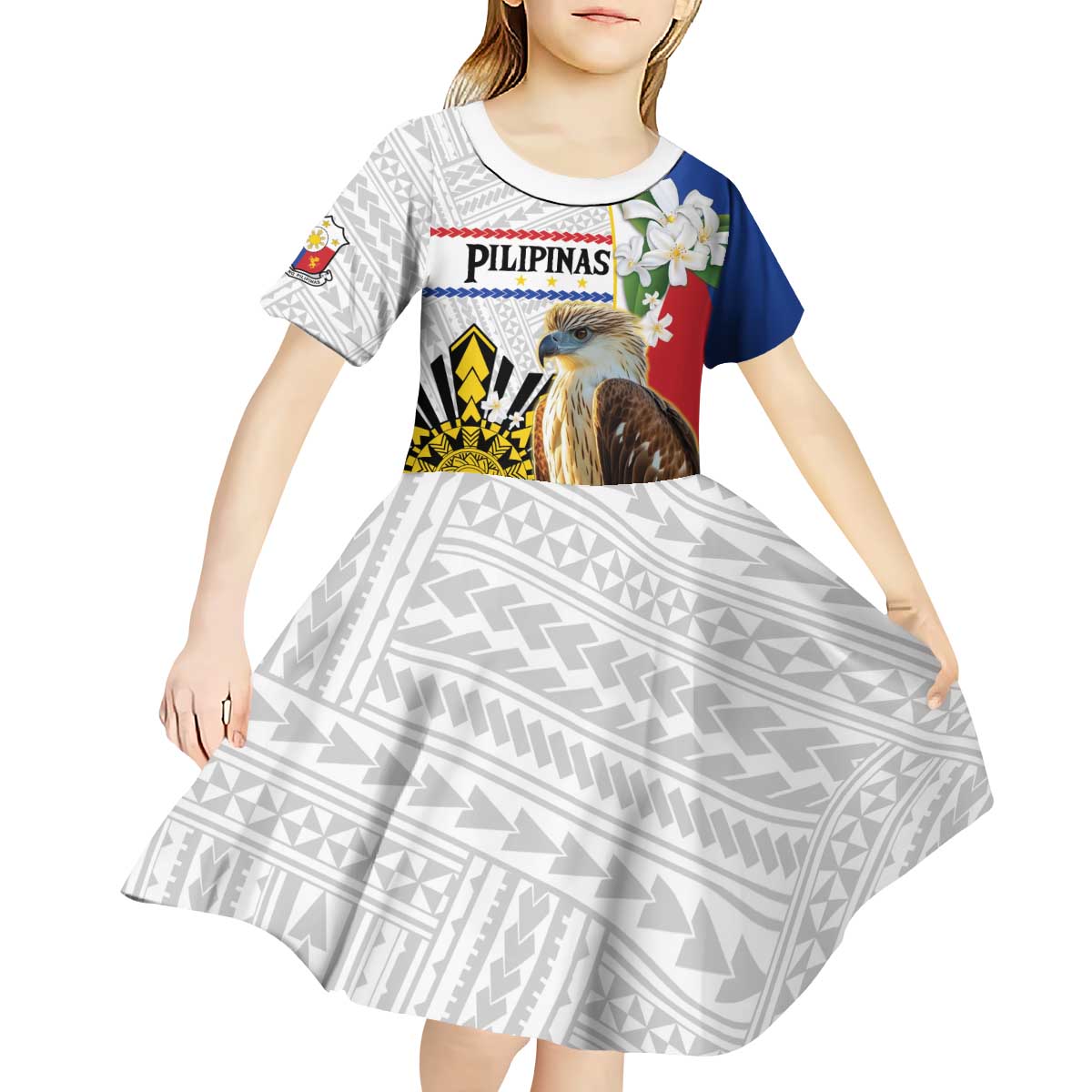 Personalised Philippines Eagle Kid Short Sleeve Dress Filipino Sun Mix Sampaguita Flower