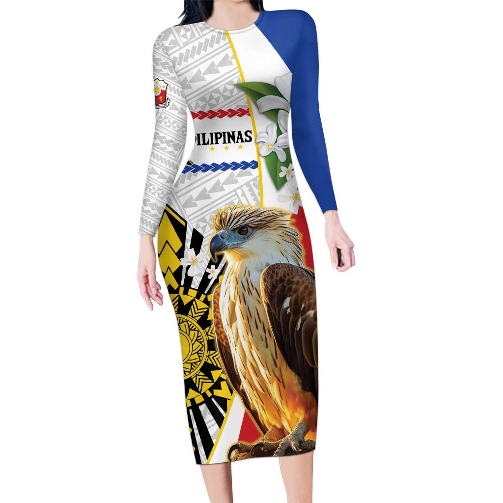 Personalised Philippines Eagle Long Sleeve Bodycon Dress Filipino Sun Mix Sampaguita Flower