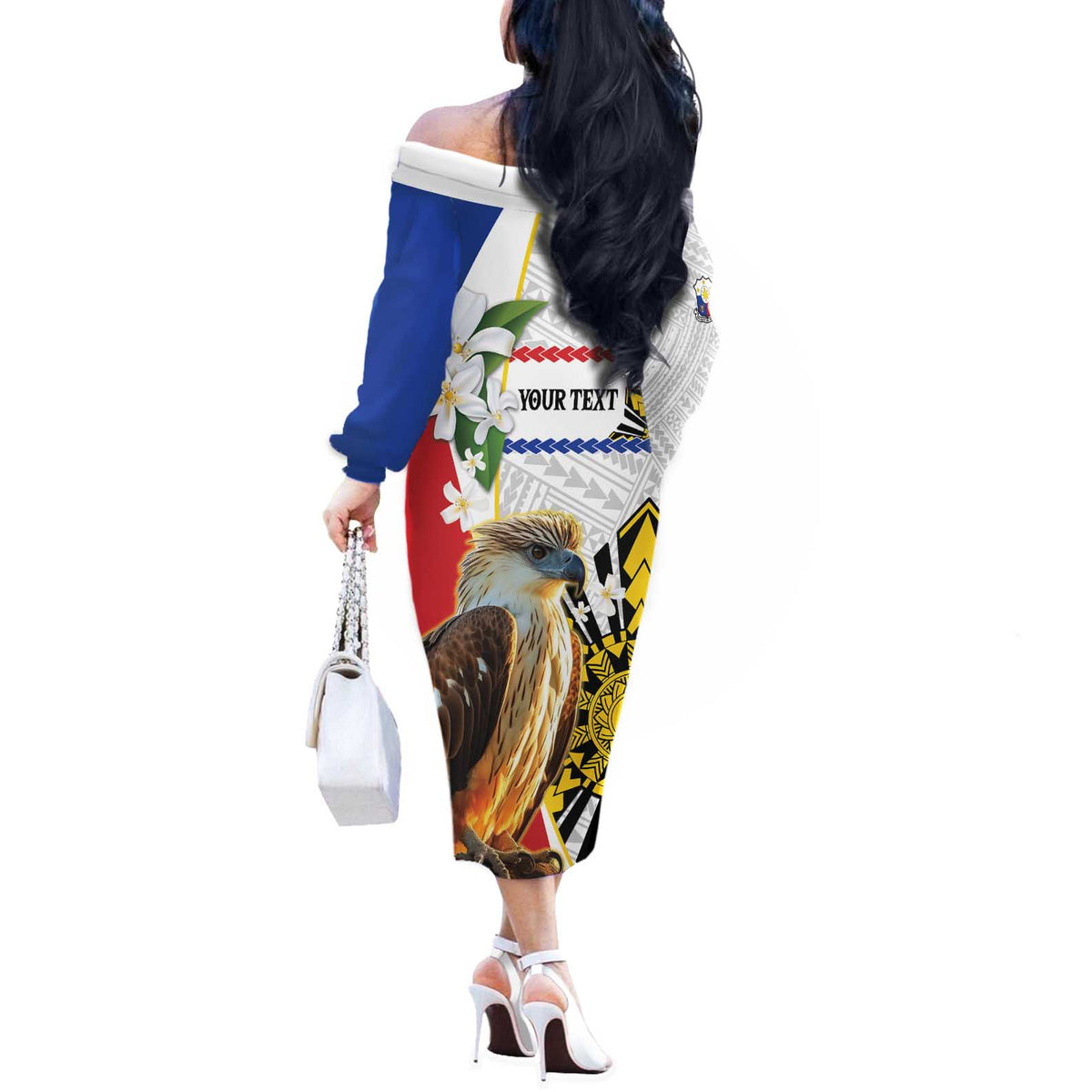 Personalised Philippines Eagle Off The Shoulder Long Sleeve Dress Filipino Sun Mix Sampaguita Flower