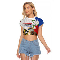 Personalised Philippines Eagle Raglan Cropped T Shirt Filipino Sun Mix Sampaguita Flower