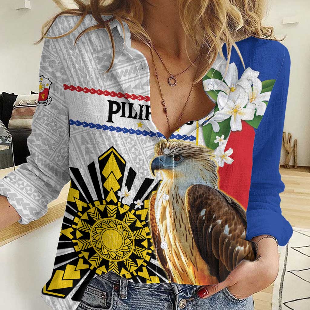 Personalised Philippines Eagle Women Casual Shirt Filipino Sun Mix Sampaguita Flower