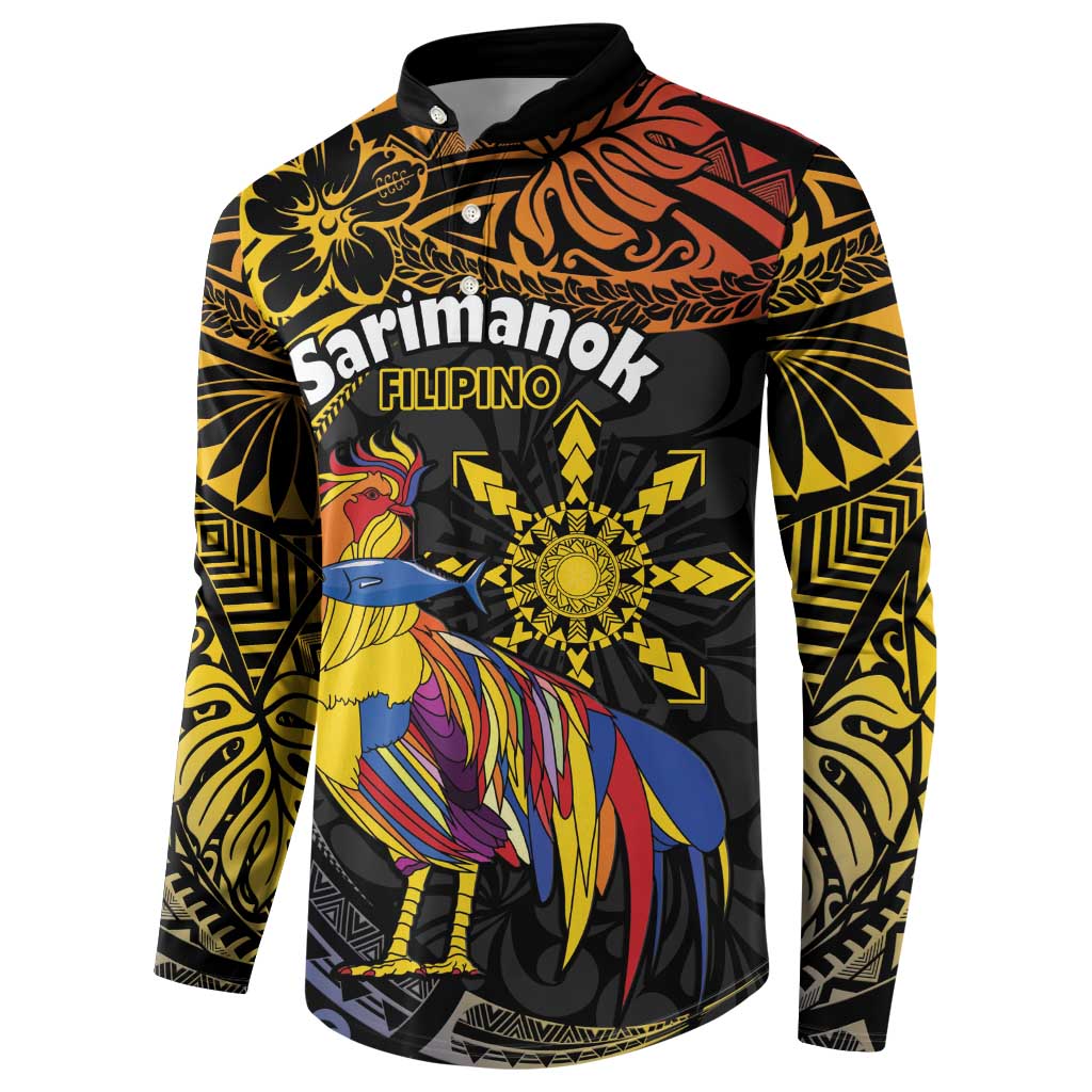 Philippines Sarimanok Button Sweatshirt Papanok Legendary Bird Okir Polynesian Pattern