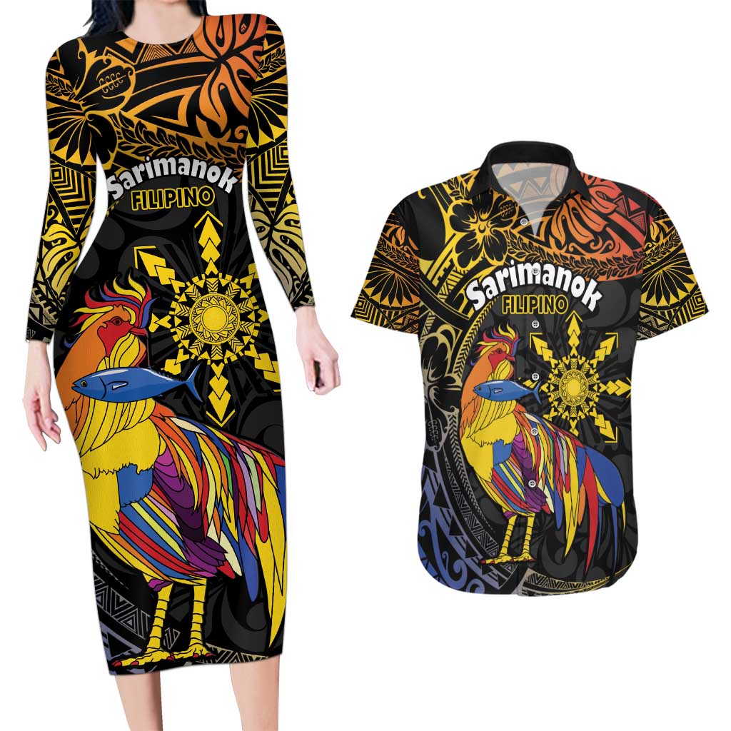 Philippines Sarimanok Couples Matching Long Sleeve Bodycon Dress and Hawaiian Shirt Papanok Legendary Bird Okir Polynesian Pattern