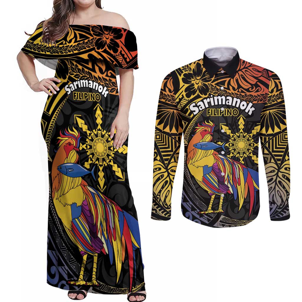 Philippines Sarimanok Couples Matching Off Shoulder Maxi Dress and Long Sleeve Button Shirt Papanok Legendary Bird Okir Polynesian Pattern