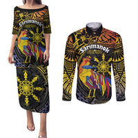 Philippines Sarimanok Couples Matching Puletasi and Long Sleeve Button Shirt Papanok Legendary Bird Okir Polynesian Pattern