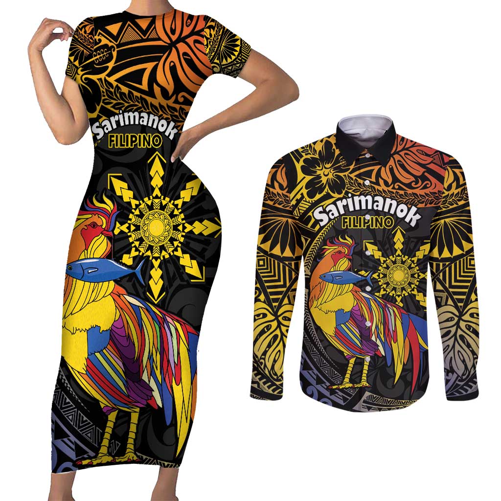 Philippines Sarimanok Couples Matching Short Sleeve Bodycon Dress and Long Sleeve Button Shirt Papanok Legendary Bird Okir Polynesian Pattern
