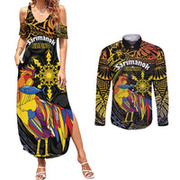 Philippines Sarimanok Couples Matching Summer Maxi Dress and Long Sleeve Button Shirt Papanok Legendary Bird Okir Polynesian Pattern