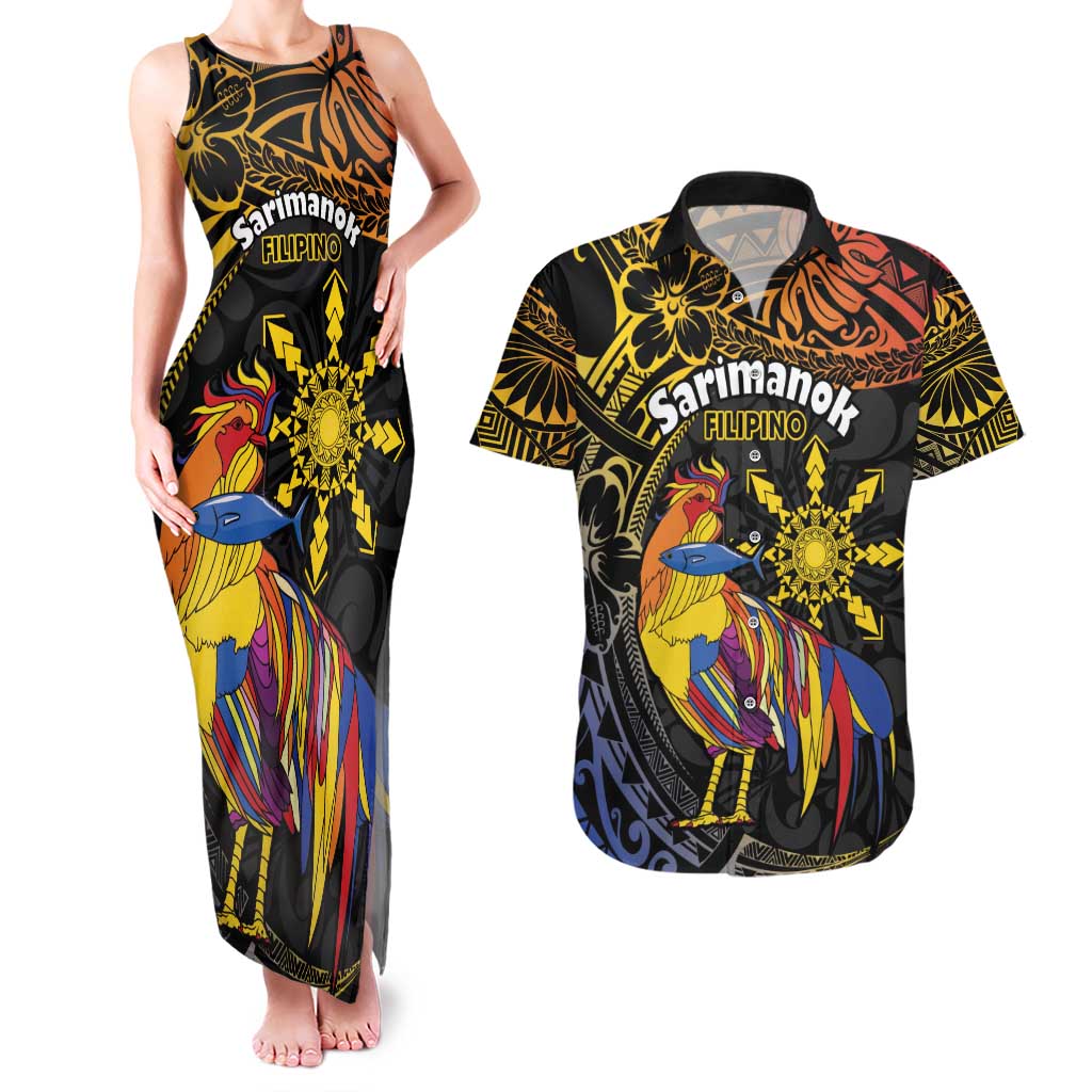 Philippines Sarimanok Couples Matching Tank Maxi Dress and Hawaiian Shirt Papanok Legendary Bird Okir Polynesian Pattern