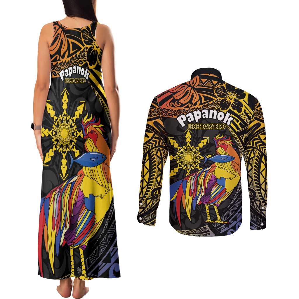 Philippines Sarimanok Couples Matching Tank Maxi Dress and Long Sleeve Button Shirt Papanok Legendary Bird Okir Polynesian Pattern