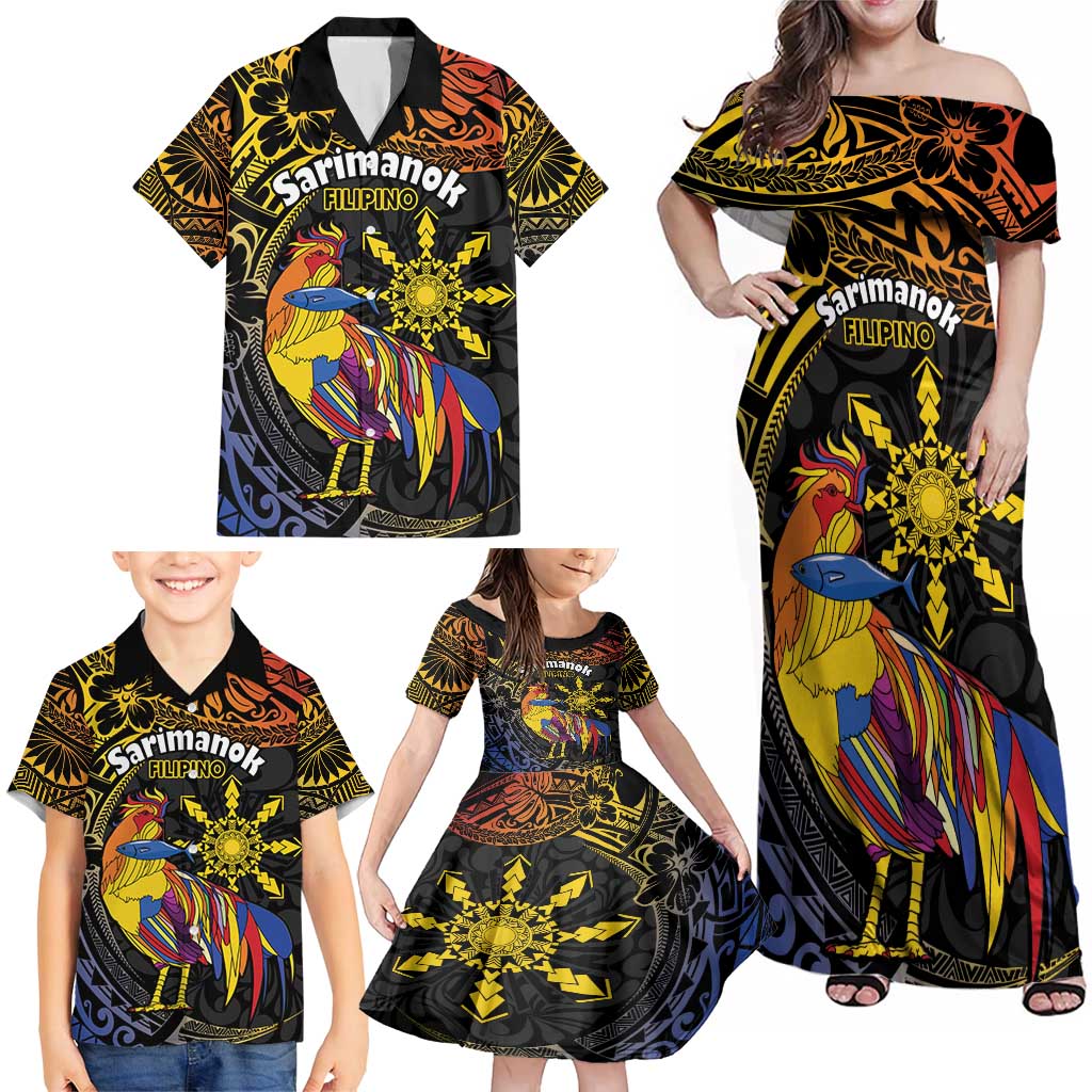 Philippines Sarimanok Family Matching Off Shoulder Maxi Dress and Hawaiian Shirt Papanok Legendary Bird Okir Polynesian Pattern