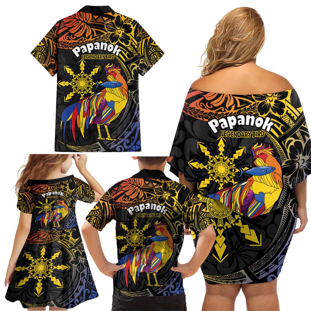 Philippines Sarimanok Family Matching Off Shoulder Short Dress and Hawaiian Shirt Papanok Legendary Bird Okir Polynesian Pattern