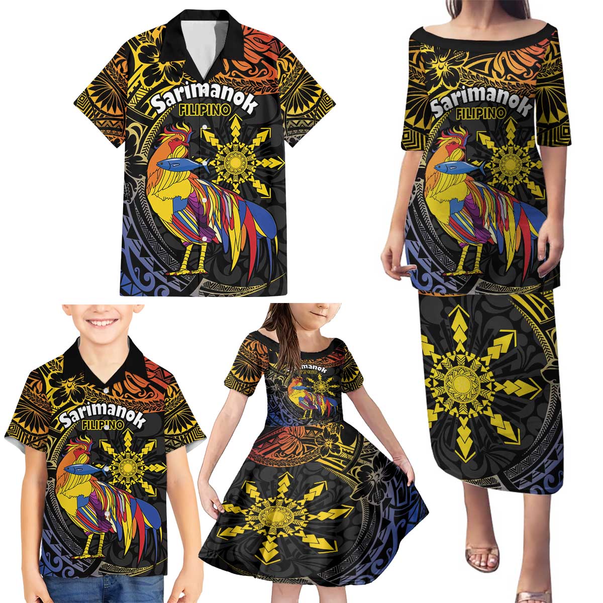 Philippines Sarimanok Family Matching Puletasi and Hawaiian Shirt Papanok Legendary Bird Okir Polynesian Pattern