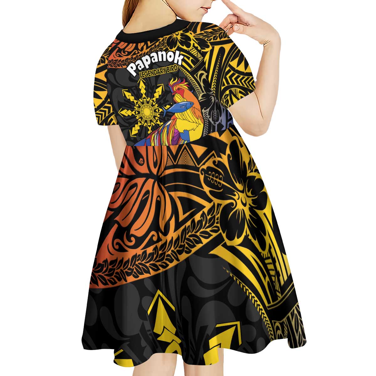 Philippines Sarimanok Kid Short Sleeve Dress Papanok Legendary Bird Okir Polynesian Pattern
