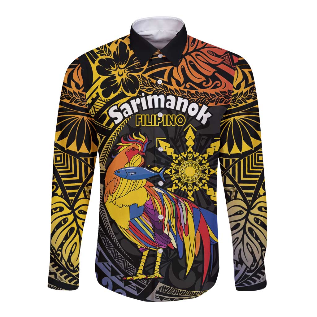 Philippines Sarimanok Long Sleeve Button Shirt Papanok Legendary Bird Okir Polynesian Pattern