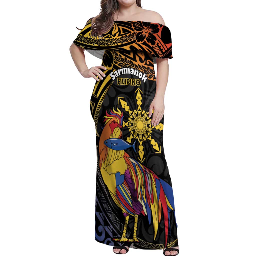 Philippines Sarimanok Off Shoulder Maxi Dress Papanok Legendary Bird Okir Polynesian Pattern