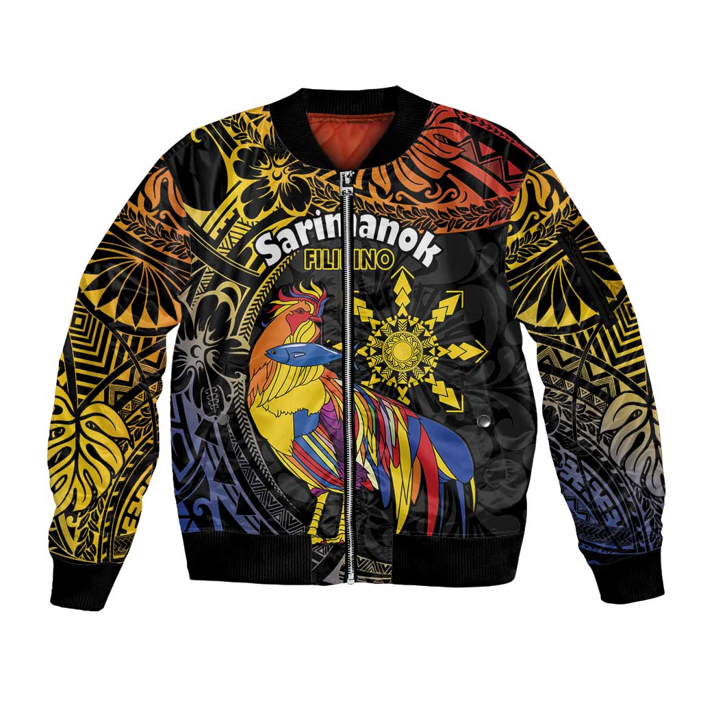 Philippines Sarimanok Sleeve Zip Bomber Jacket Papanok Legendary Bird Okir Polynesian Pattern