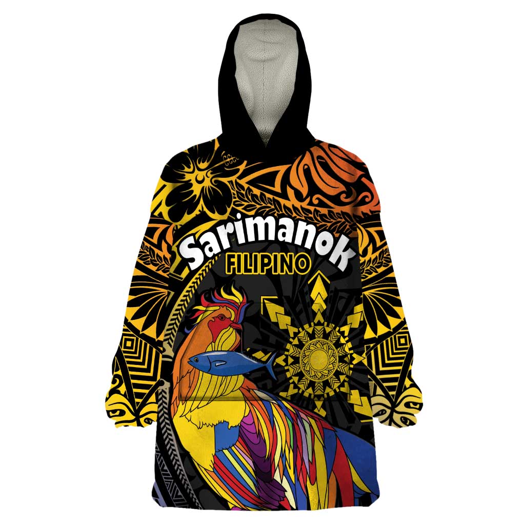 Philippines Sarimanok Wearable Blanket Hoodie Papanok Legendary Bird Okir Polynesian Pattern