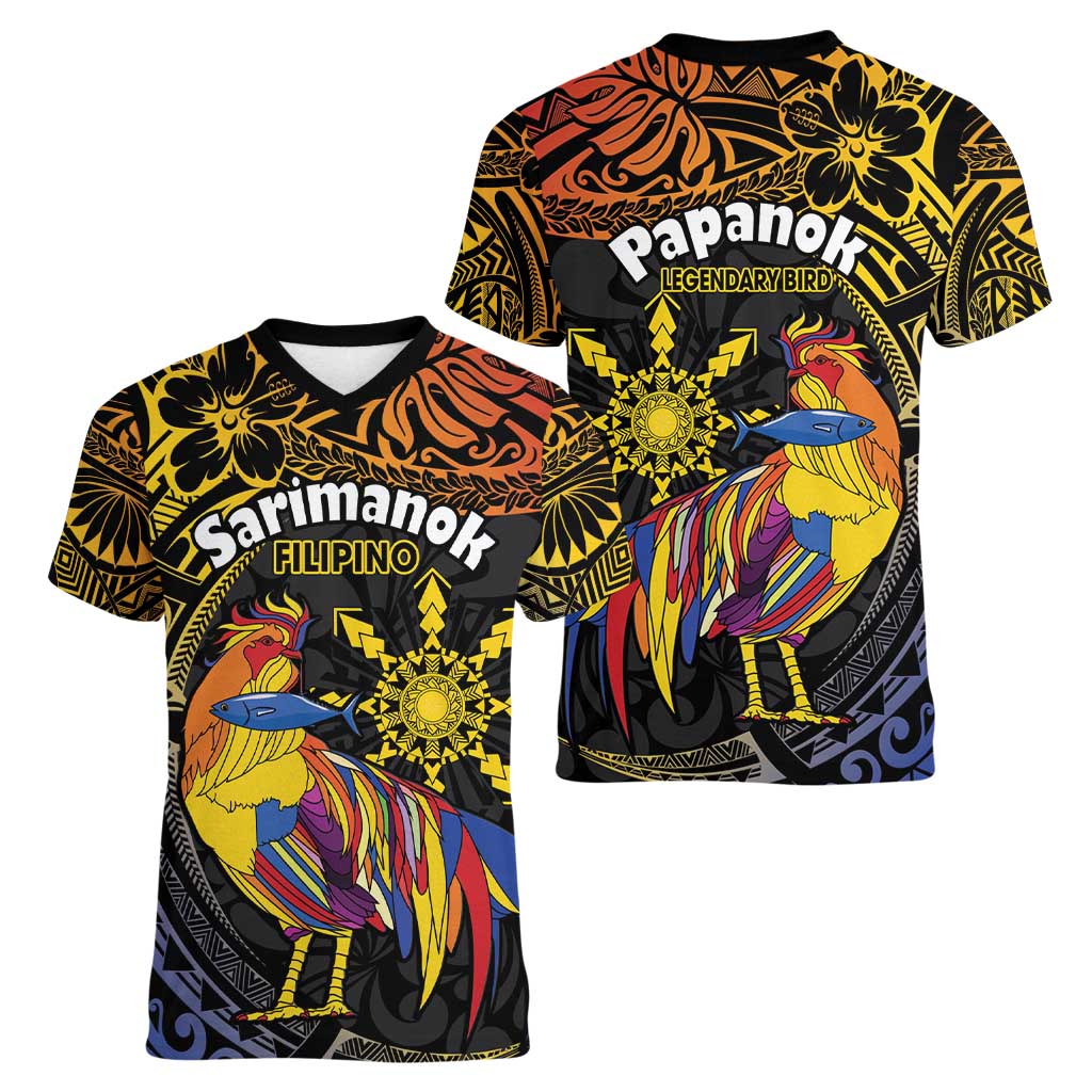 Philippines Sarimanok Women V-Neck T-Shirt Papanok Legendary Bird Okir Polynesian Pattern