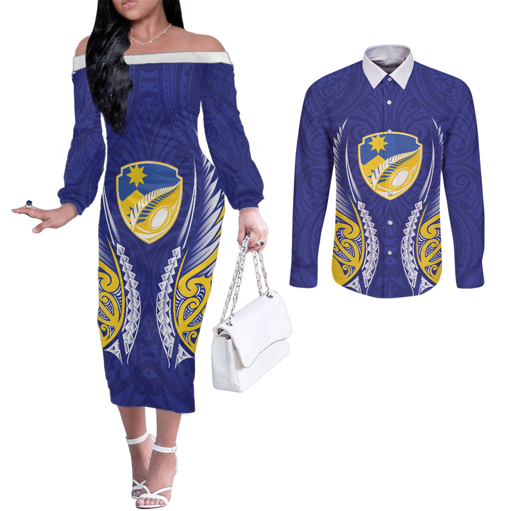Otago 2026 Rugby Custom Couples Matching Off The Shoulder Long Sleeve Dress and Long Sleeve Button Shirt NZ Maori Silver Fern LT14 Blue - Polynesian Pride