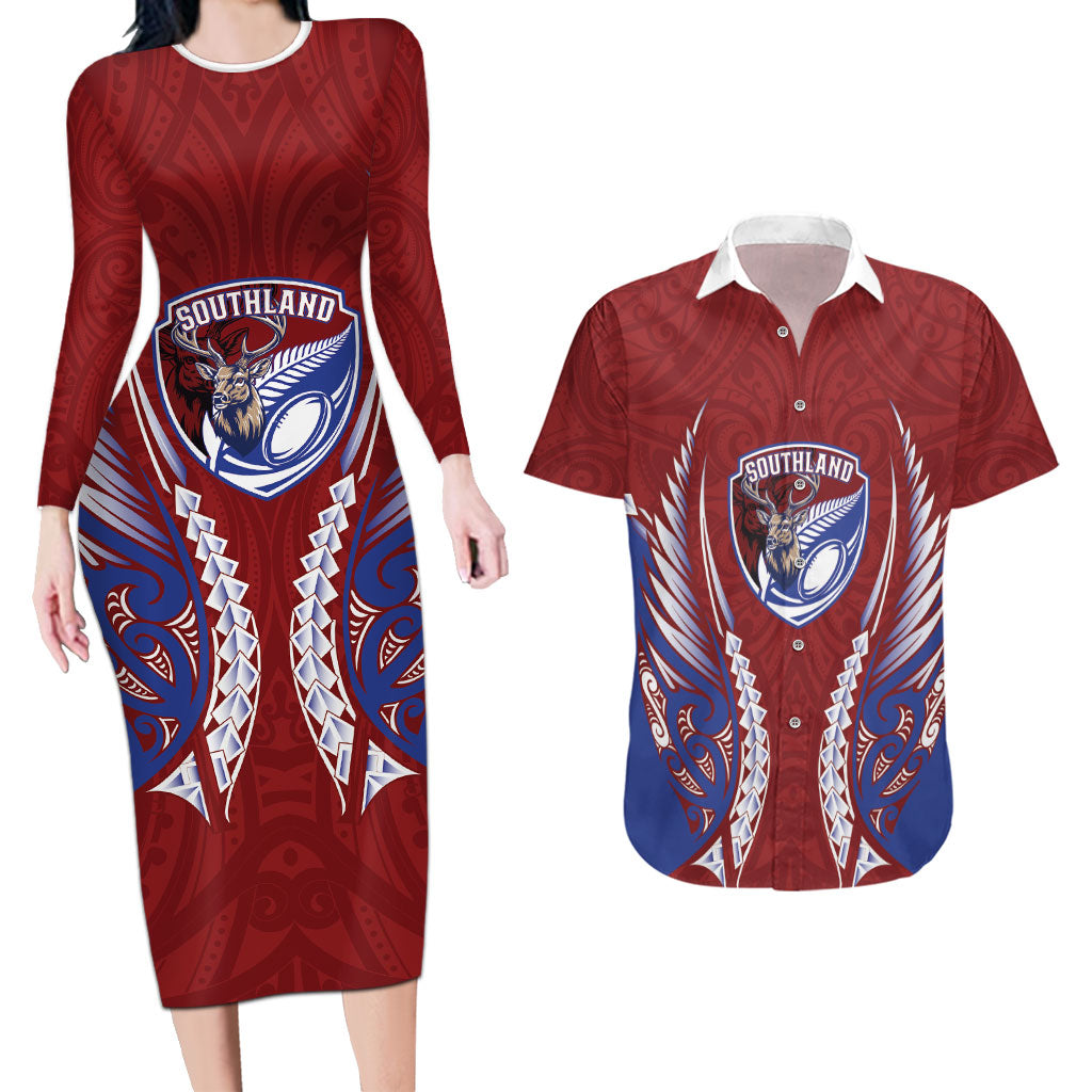 Southland 2026 Rugby Custom Couples Matching Long Sleeve Bodycon Dress and Hawaiian Shirt NZ Maori Silver Fern