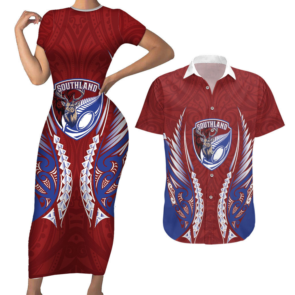 Southland 2026 Rugby Custom Couples Matching Short Sleeve Bodycon Dress and Hawaiian Shirt NZ Maori Silver Fern LT14 Maroon - Polynesian Pride