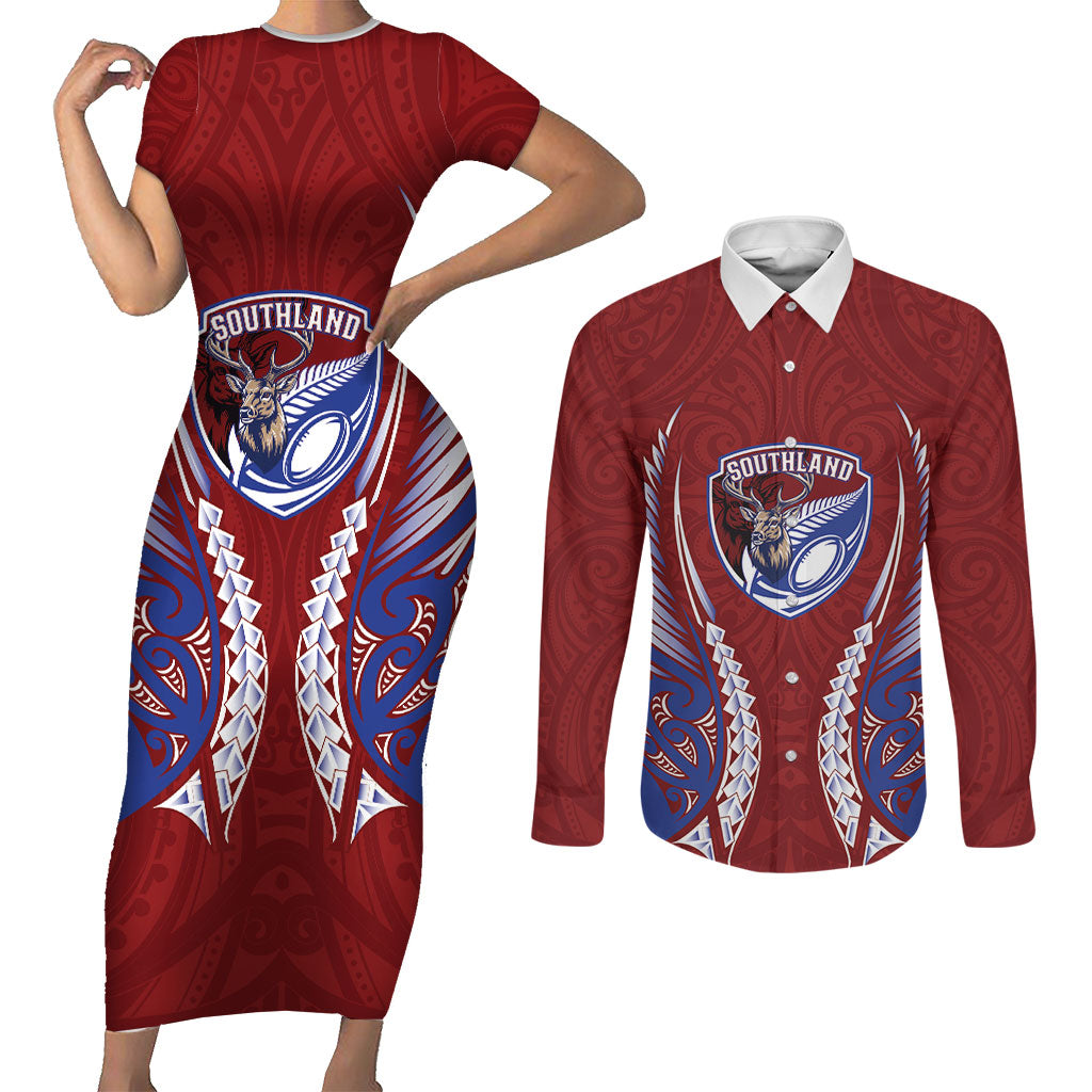 Southland 2026 Rugby Custom Couples Matching Short Sleeve Bodycon Dress and Long Sleeve Button Shirt NZ Maori Silver Fern