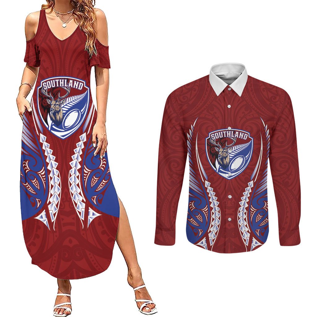Southland 2026 Rugby Custom Couples Matching Summer Maxi Dress and Long Sleeve Button Shirt NZ Maori Silver Fern