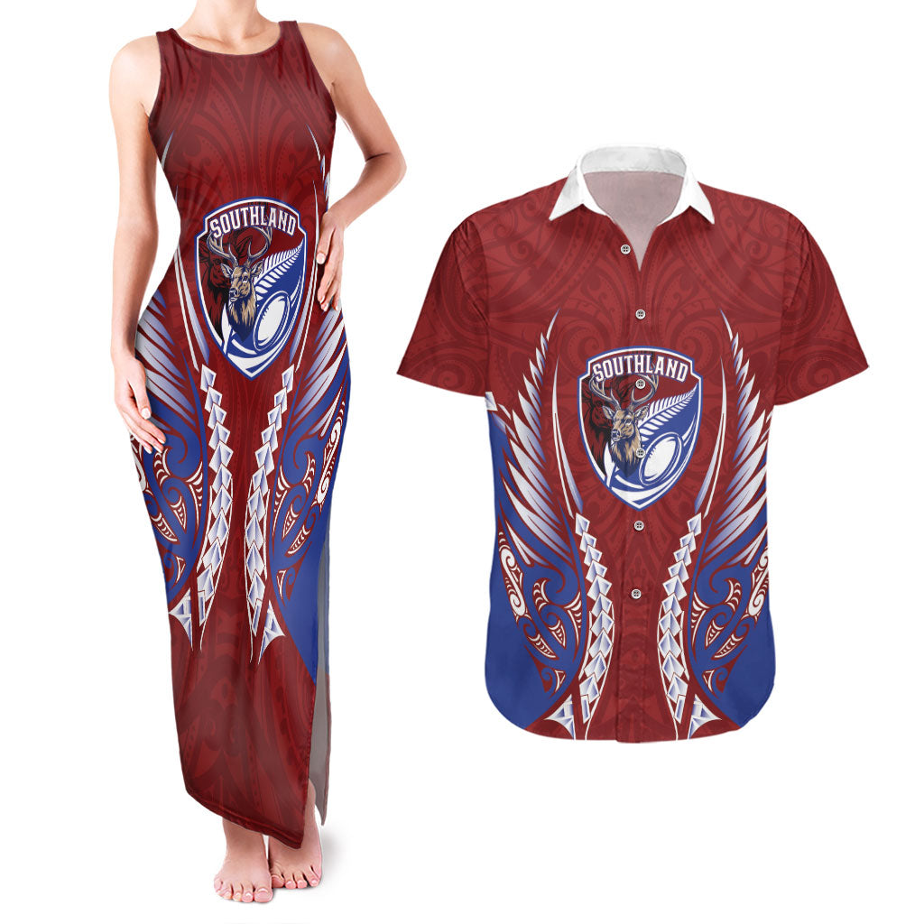 Southland 2026 Rugby Custom Couples Matching Tank Maxi Dress and Hawaiian Shirt NZ Maori Silver Fern LT14 Maroon - Polynesian Pride