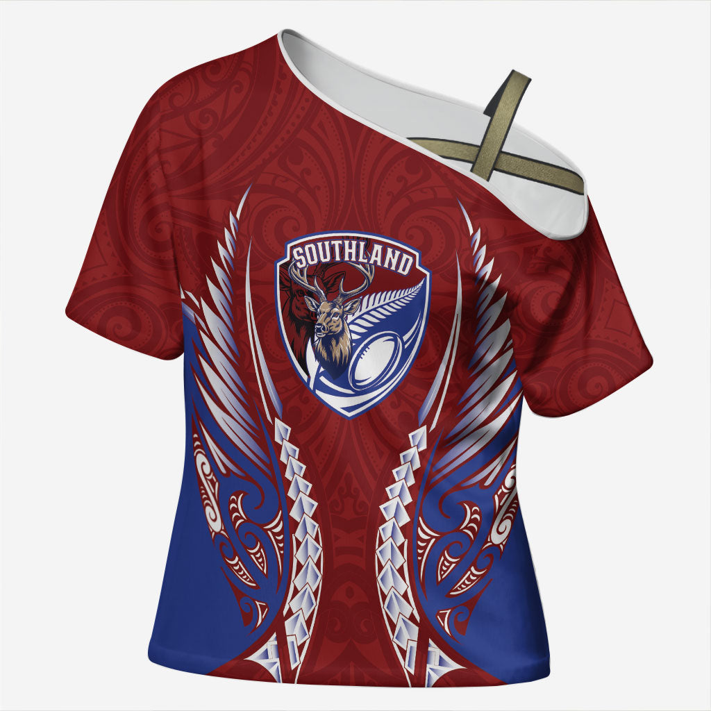 Southland 2026 Rugby Custom Cross Shoulder Shirt NZ Maori Silver Fern LT14 Female Maroon - Polynesian Pride