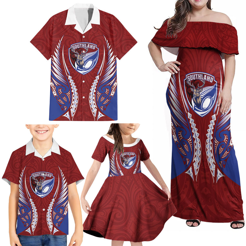 Southland 2026 Rugby Custom Family Matching Off Shoulder Maxi Dress and Hawaiian Shirt NZ Maori Silver Fern