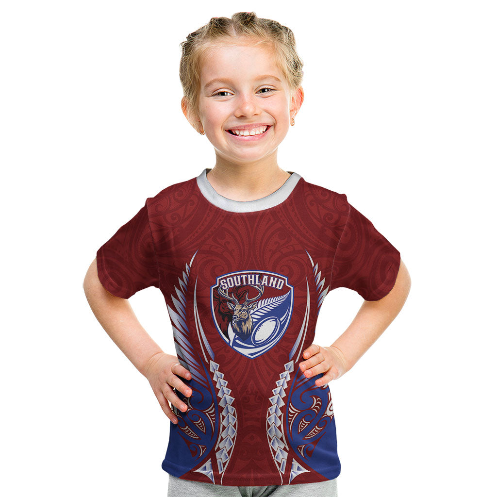Southland 2026 Rugby Custom Kid T Shirt NZ Maori Silver Fern LT14 Maroon - Polynesian Pride
