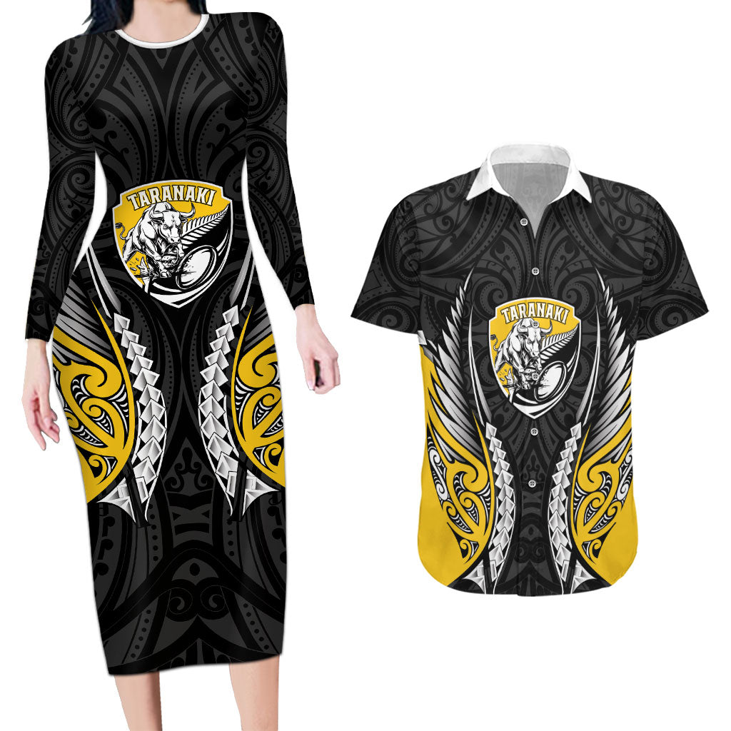 Taranaki 2026 Rugby Custom Couples Matching Long Sleeve Bodycon Dress and Hawaiian Shirt NZ Maori Silver Fern