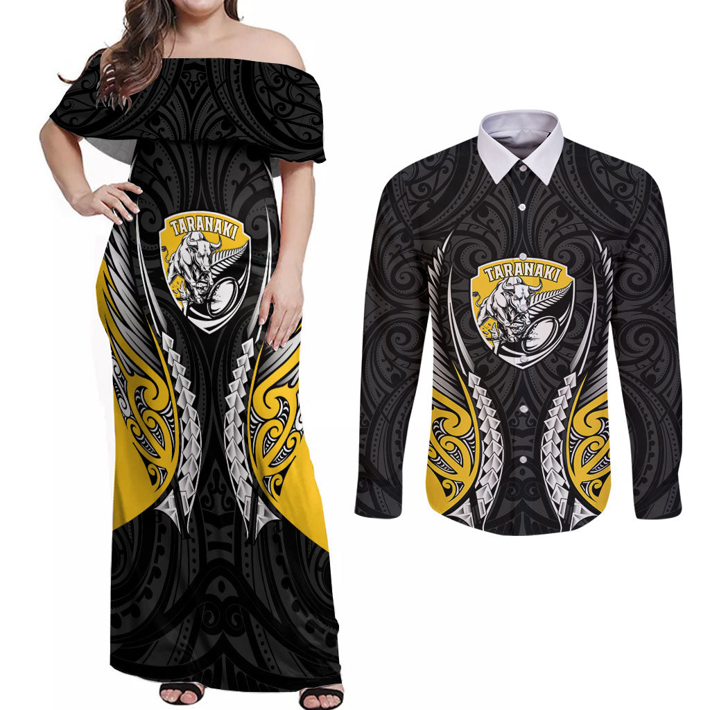 Taranaki 2026 Rugby Custom Couples Matching Off Shoulder Maxi Dress and Long Sleeve Button Shirt NZ Maori Silver Fern