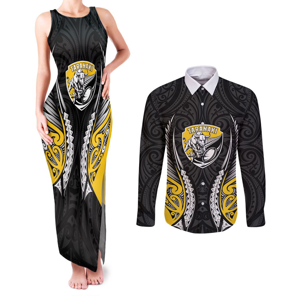 Taranaki 2026 Rugby Custom Couples Matching Tank Maxi Dress and Long Sleeve Button Shirt NZ Maori Silver Fern LT14 Black - Polynesian Pride