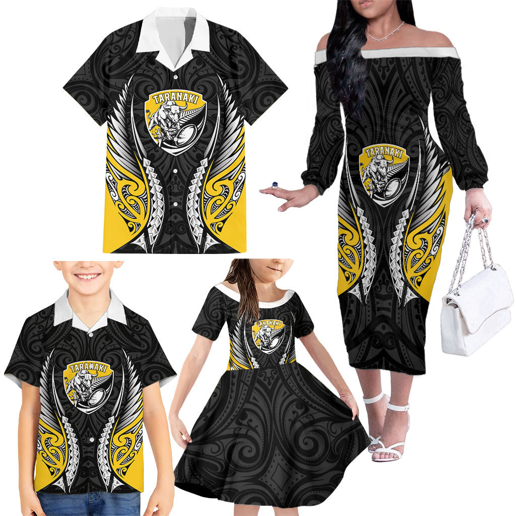 Taranaki 2026 Rugby Custom Family Matching Off The Shoulder Long Sleeve Dress and Hawaiian Shirt NZ Maori Silver Fern LT14 - Polynesian Pride