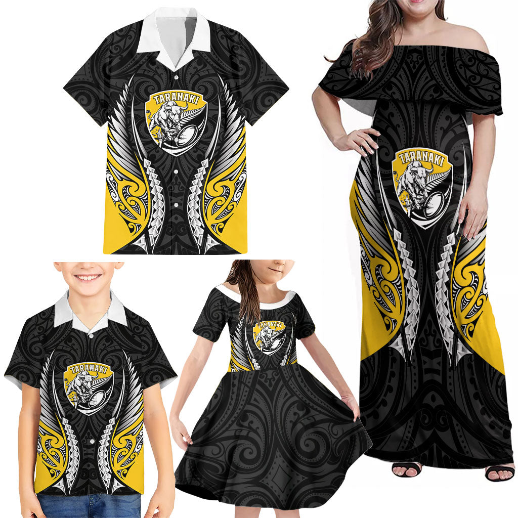 Taranaki 2026 Rugby Custom Family Matching Off Shoulder Maxi Dress and Hawaiian Shirt NZ Maori Silver Fern LT14 - Polynesian Pride