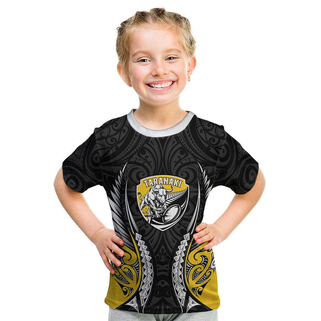Taranaki 2026 Rugby Custom Kid T Shirt NZ Maori Silver Fern LT14 Black - Polynesian Pride