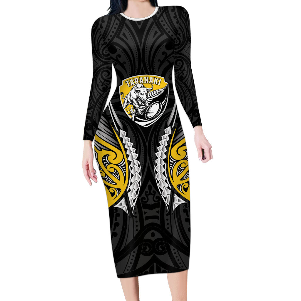 Taranaki 2026 Rugby Custom Long Sleeve Bodycon Dress NZ Maori Silver Fern LT14 Long Dress Black - Polynesian Pride