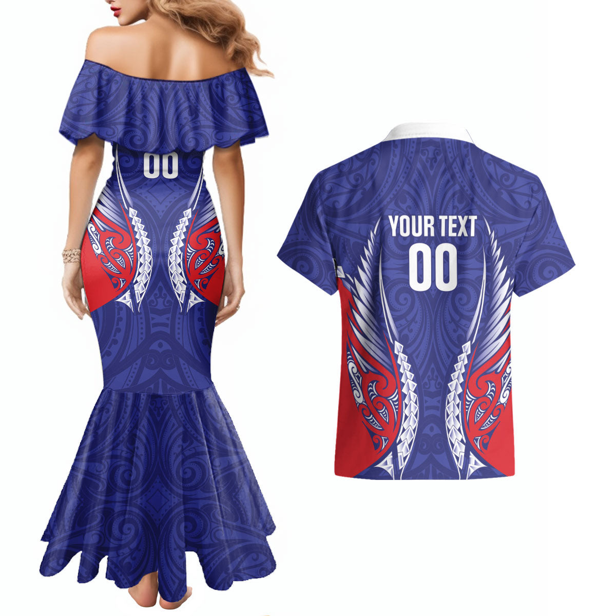 Tasman Bay 2026 Rugby Custom Couples Matching Mermaid Dress and Hawaiian Shirt NZ Maori Silver Fern