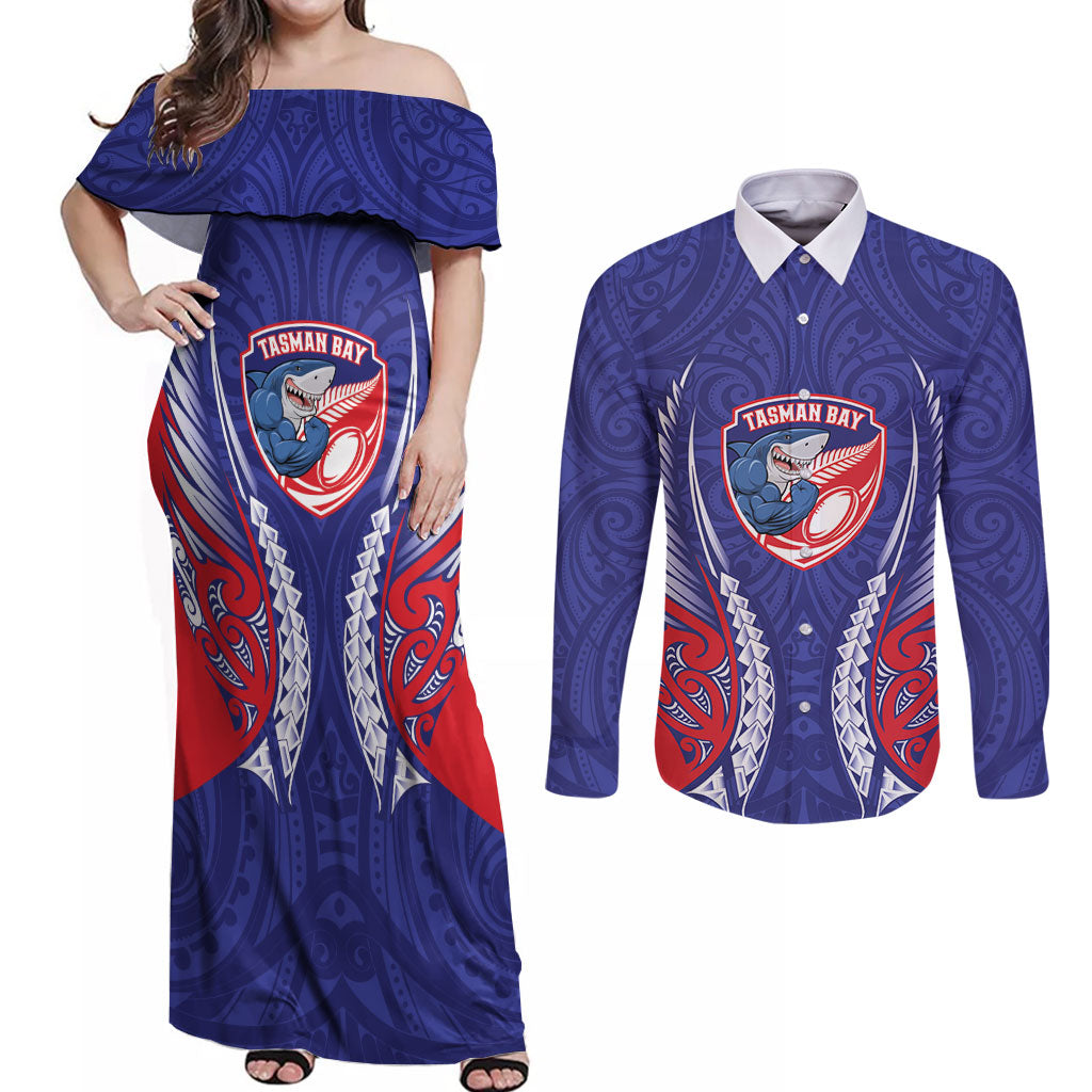 Tasman Bay 2026 Rugby Custom Couples Matching Off Shoulder Maxi Dress and Long Sleeve Button Shirt NZ Maori Silver Fern
