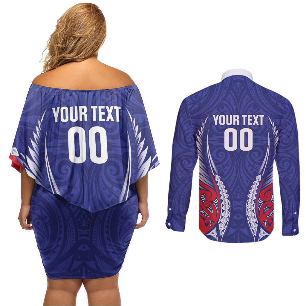 Tasman Bay 2026 Rugby Custom Couples Matching Off Shoulder Short Dress and Long Sleeve Button Shirt NZ Maori Silver Fern