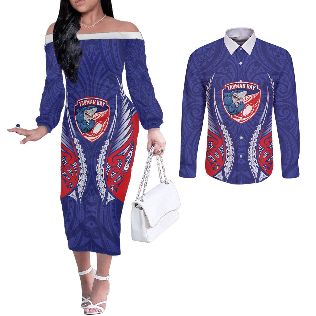 Tasman Bay 2026 Rugby Custom Couples Matching Off The Shoulder Long Sleeve Dress and Long Sleeve Button Shirt NZ Maori Silver Fern LT14 Blue - Polynesian Pride