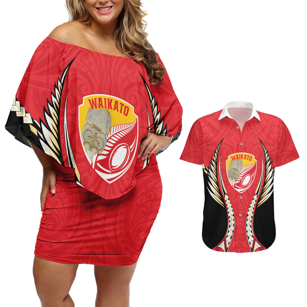 Waikato 2026 Rugby Custom Couples Matching Off Shoulder Short Dress and Hawaiian Shirt NZ Maori Silver Fern LT14 Red - Polynesian Pride