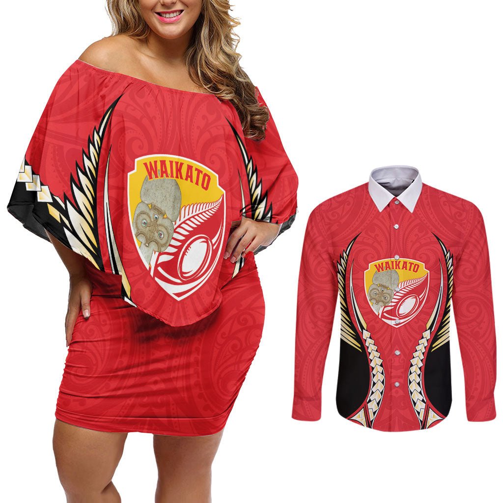 Waikato 2026 Rugby Custom Couples Matching Off Shoulder Short Dress and Long Sleeve Button Shirt NZ Maori Silver Fern
