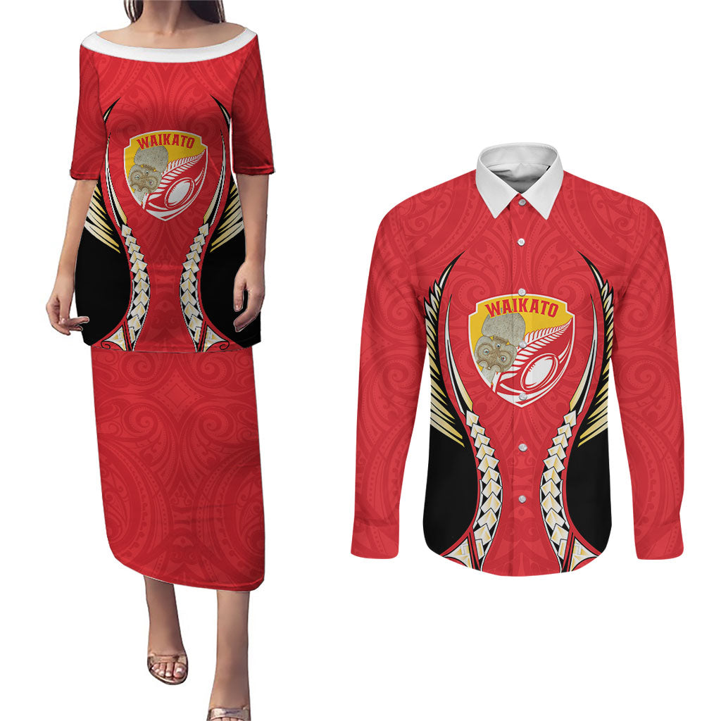 Waikato 2026 Rugby Custom Couples Matching Puletasi and Long Sleeve Button Shirt NZ Maori Silver Fern LT14 Red - Polynesian Pride