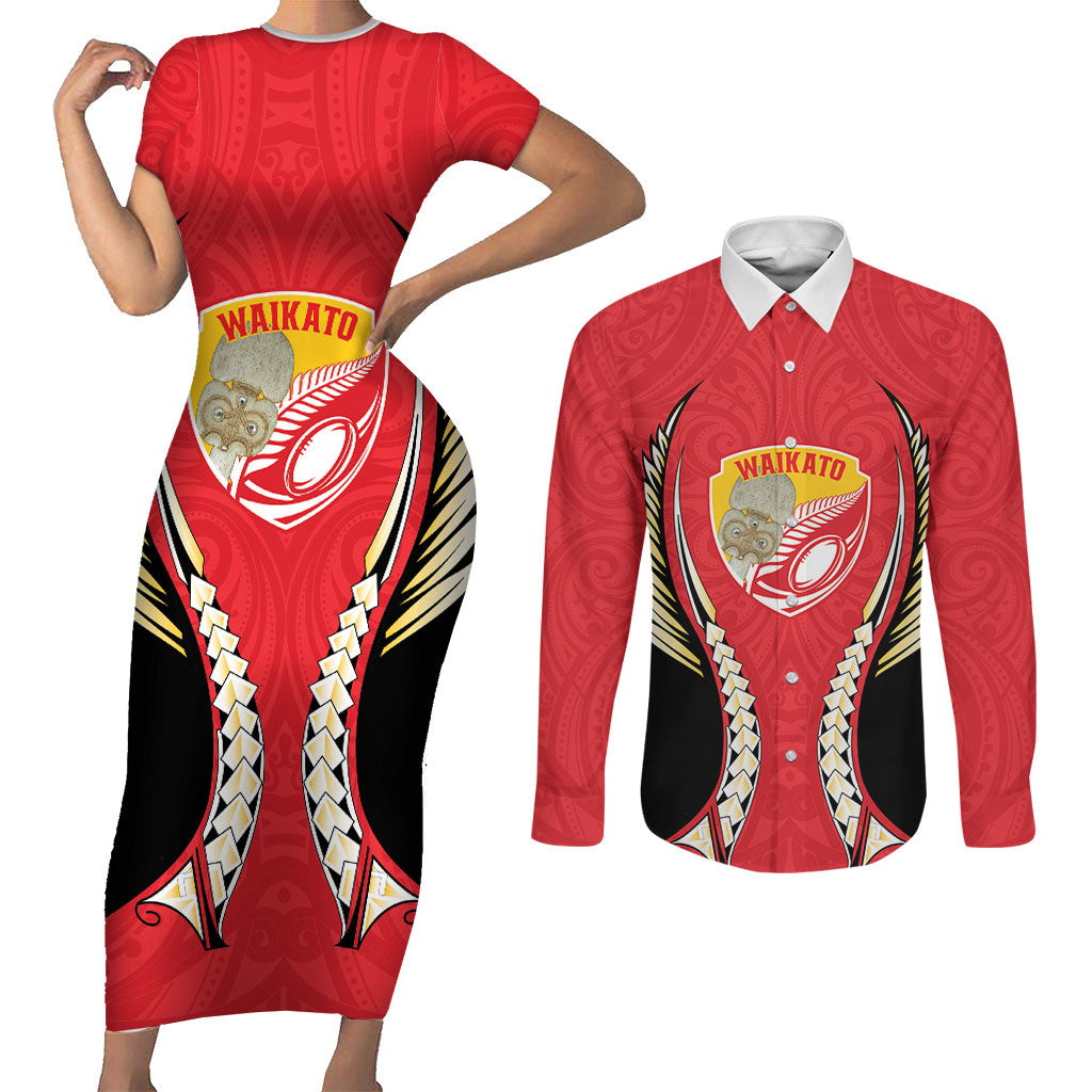 Waikato 2026 Rugby Custom Couples Matching Short Sleeve Bodycon Dress and Long Sleeve Button Shirt NZ Maori Silver Fern LT14 Red - Polynesian Pride