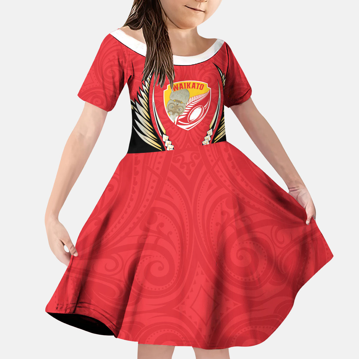 Waikato 2026 Rugby Custom Kid Short Sleeve Dress NZ Maori Silver Fern LT14 KID Red - Polynesian Pride