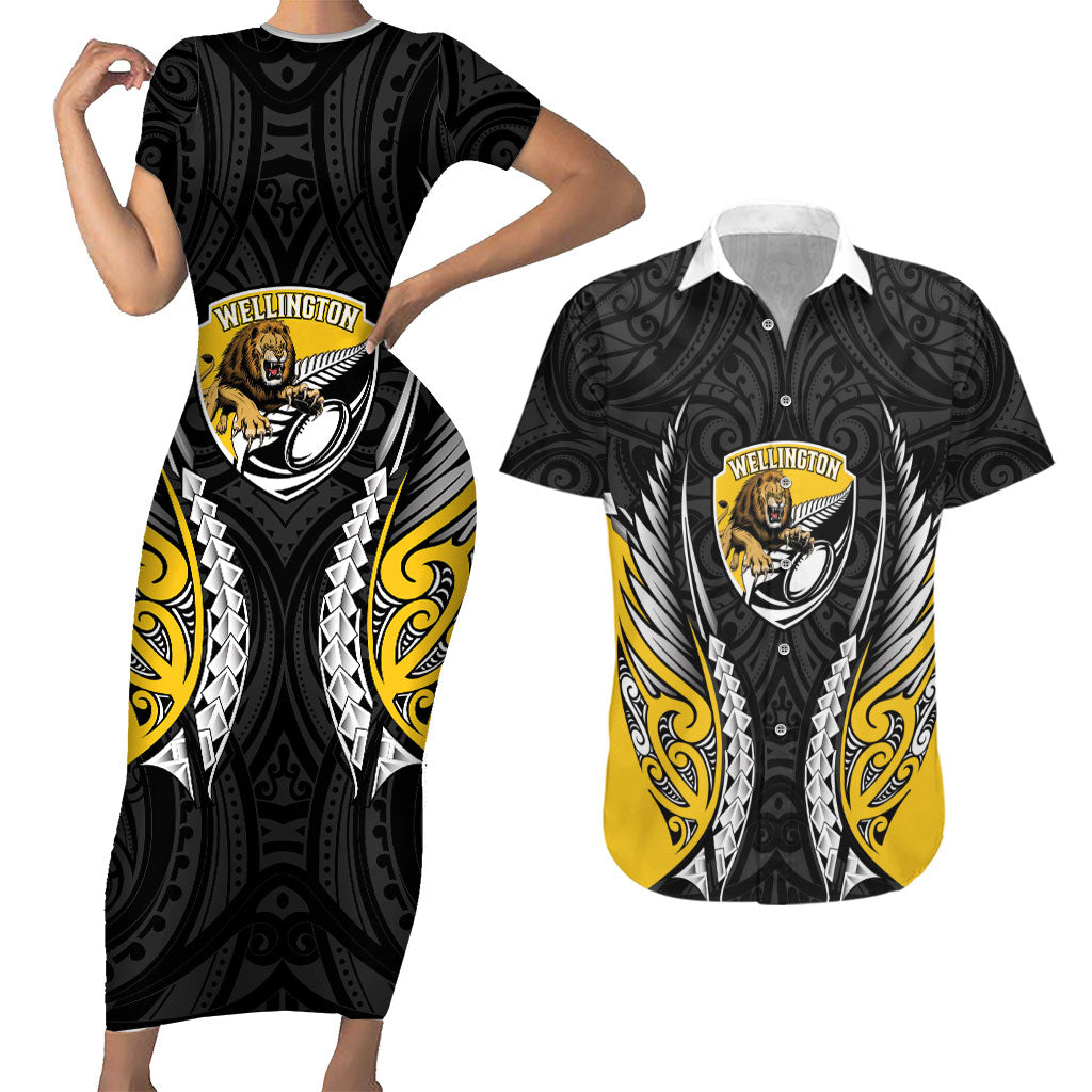 Wellington 2026 Rugby Custom Couples Matching Short Sleeve Bodycon Dress and Hawaiian Shirt NZ Maori Silver Fern LT14 Black - Polynesian Pride